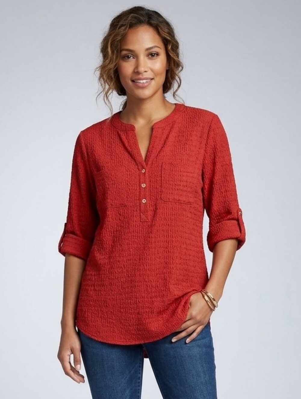 Anne Klein Brick Textured Henley Tunic